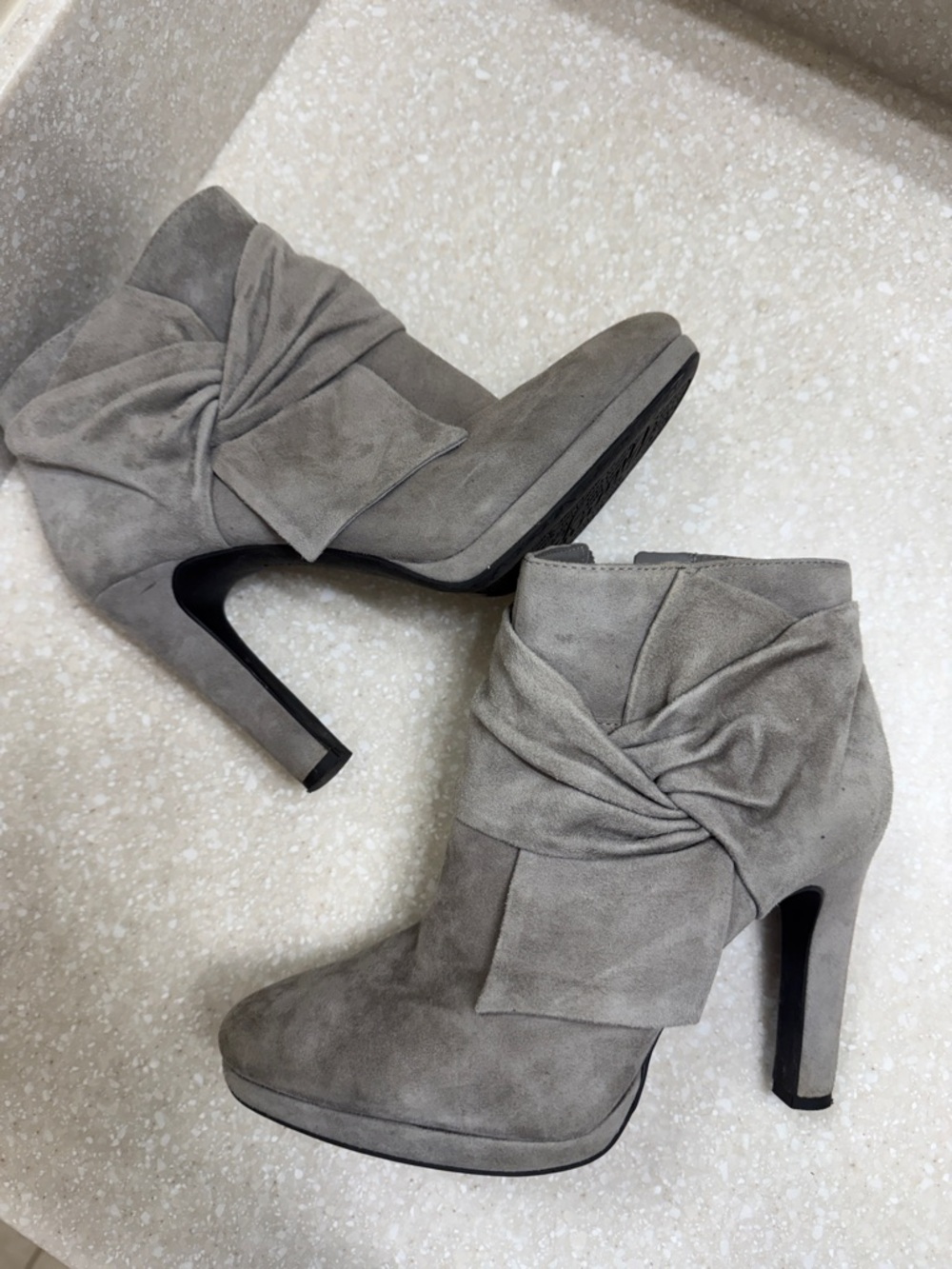 Gianni Bini Grey Suede Twist-Knot High Heel Booties